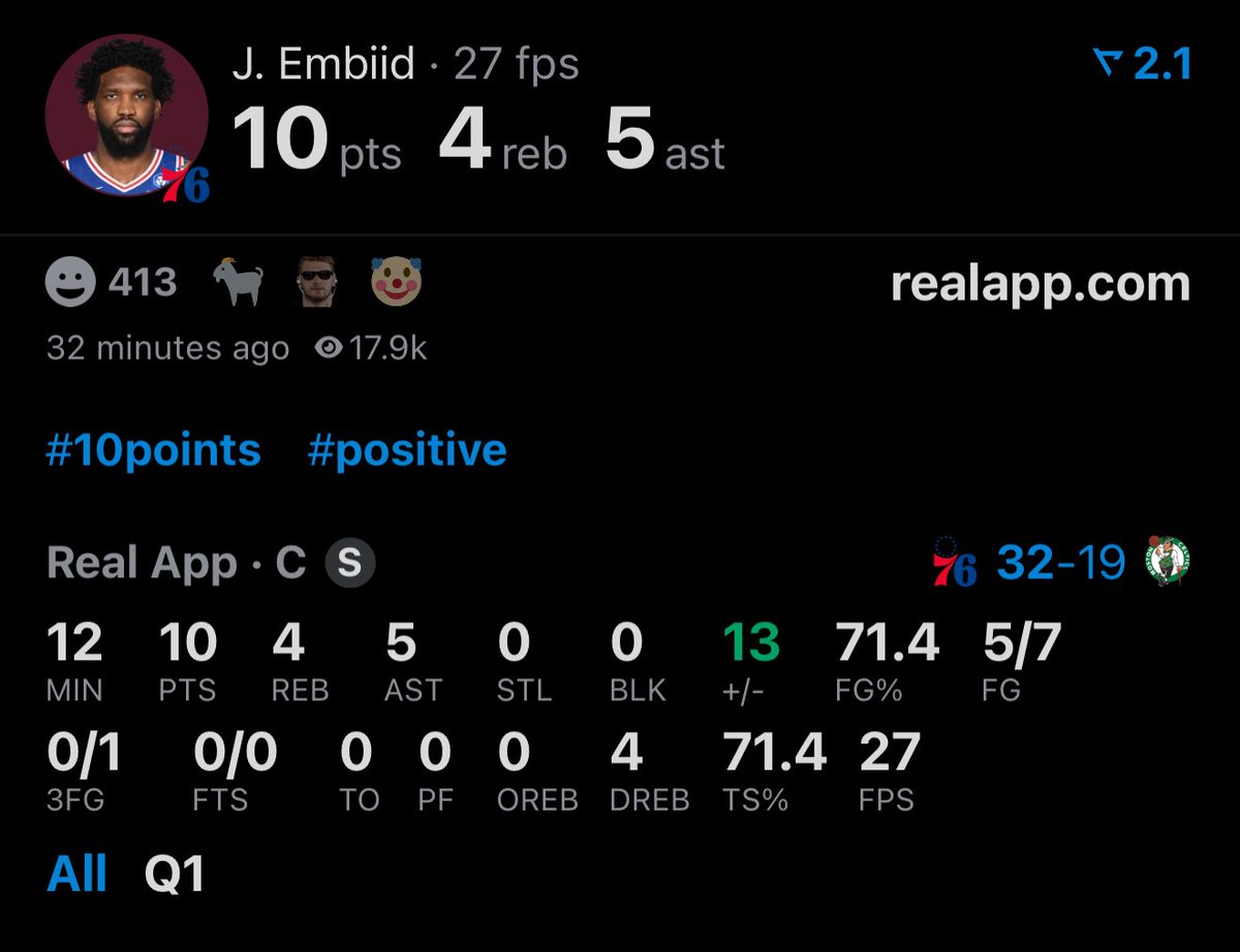 Joel Embiid in the first quarter:

10 PTS
4 REB
5 AST