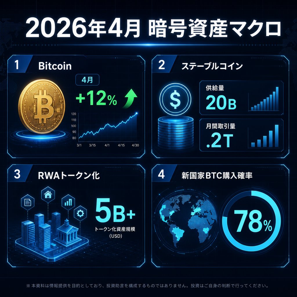 【2026年4月 暗号資産マクロまとめ】

◆ Bitcoin: 4月+12%で着地 強気相場の基盤固まる
◆ ステーブルコイン: 供給20B / 月間取引量.2T
  → US ACH超え、決済インフラとして確立
◆ RWAトークン化市場: 5B+に成長
◆ 新国家BTC購入確率: 78%（Polymarket）

「投機」から「インフラ」へ。