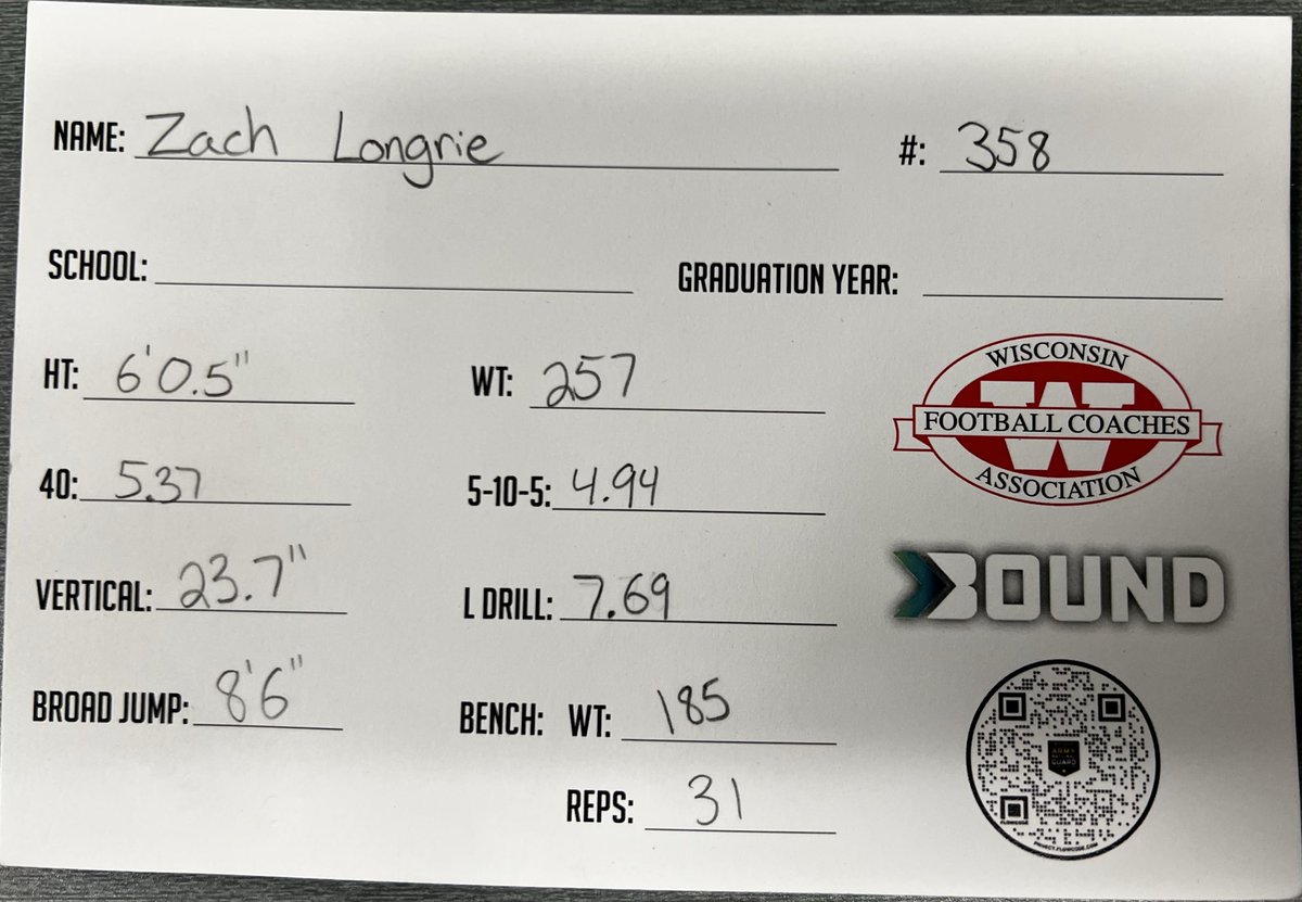 LongrieZach's tweet photo. Had a great time at the @wifca combine today!! Going to keep working and improve these stats!!
@CoachHarris28 @tommy_noennig15 @Coach_Snell @ArrowheadFB @MJ_NFLDraft @PrepRedzoneWI @sixstarfootball @OLMafia https://t.co/oKuHI29Snh