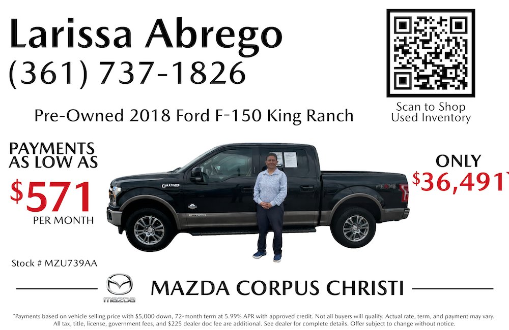MazdaCC's tweet photo. Built tough, priced right 💪

Larissa Abrego has this pre-owned 2018 Ford F-150 King Ranch ready to go — power, comfort, and that premium feel all in one truck.

📲 Call or text Larissa at (361) 737-1826 or scan the code to shop more inventory! https://t.co/SsrNKUeoD4