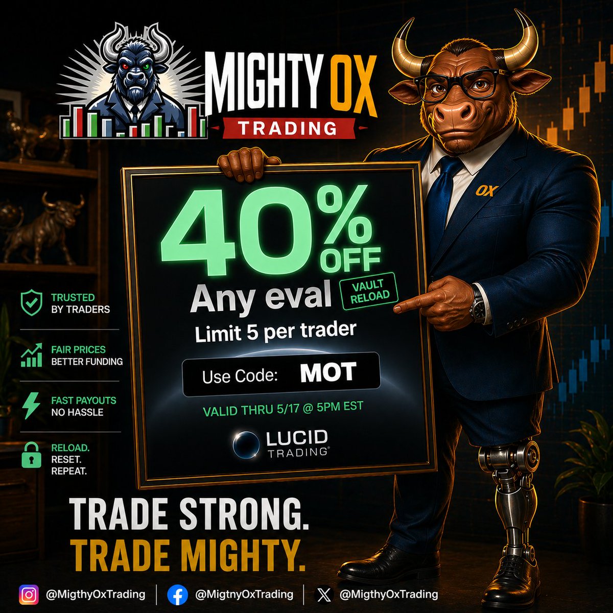 MightyOxTrading's tweet image. 15 days left on Lucid Trading's Vault Reload promo.

40% off any eval. $60 for the 25K LucidFlex.
Trusted by traders. Fast payouts. No hassle.

Code MOT. Limit 5 per trader.

Don't sleep on this.

lucidtrading.com/ref/mightyoxtr…
#LucidTrading #VaultReload #FundedTrader #MightyOx