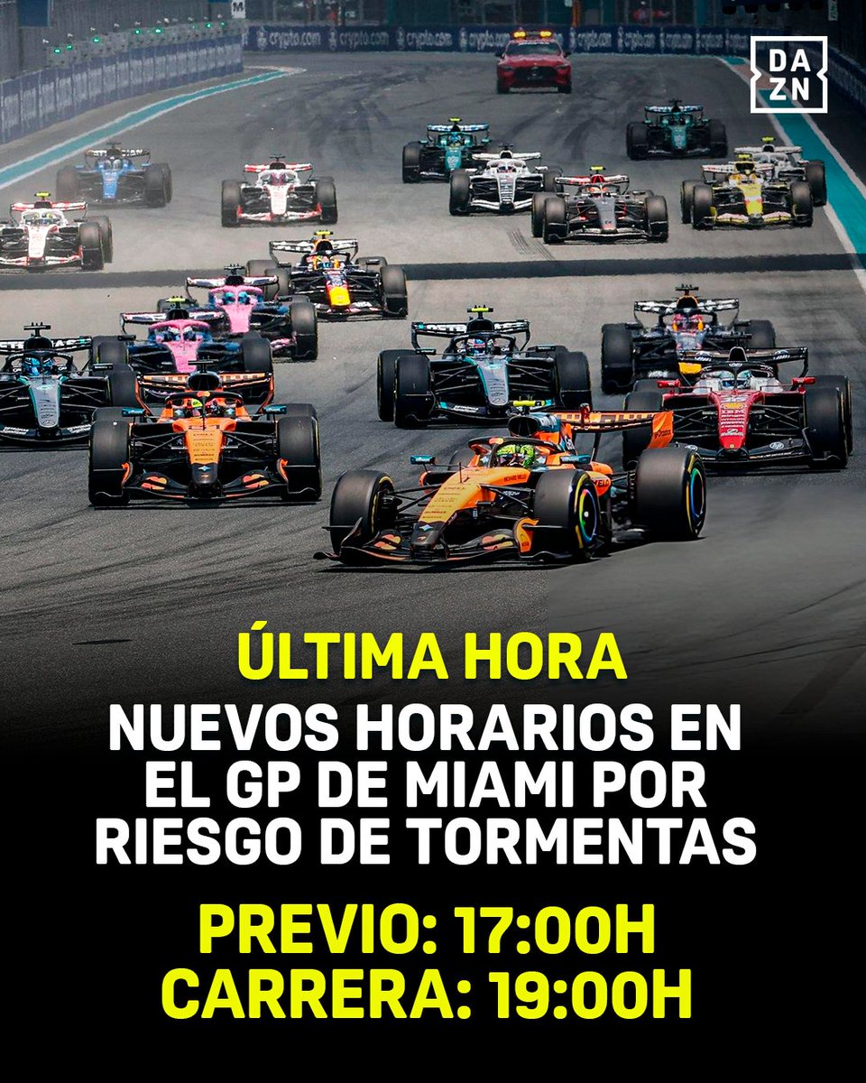 DAZN_ES's tweet photo. 🚨 NUEVOS HORARIOS PARA LA CARRERA DE MIAMI 

Se adelanta tres horas el inicio del GP por el elevado riesgo de tormentas. Arrancaremos con el previo desde las 17:00h: https://t.co/wWr5VaNAok

#MiamiDAZNF1 🇺🇸 https://t.co/4tsQvi4uzm