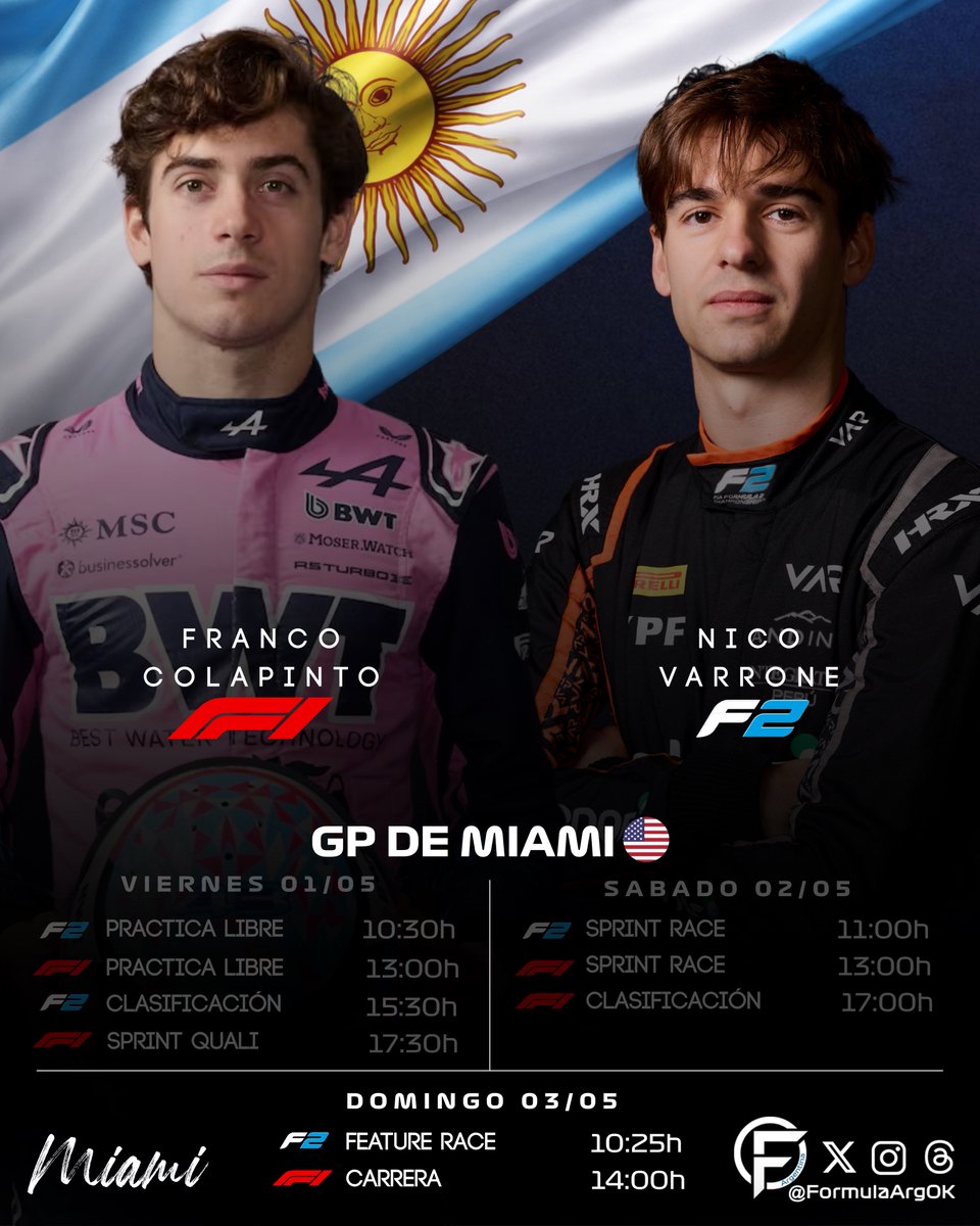 🚨|| ATENCIÓN🇦🇷! Cambio de horario para el domingo!

Mañana corren <a href="/FranColapinto/">Franco Colapinto</a> y <a href="/NicoVarrone/">Nico Varrone 🇦🇷</a> y estos serán los horarios de F1 y F2 tras la modificación de la FIA.

#F1 #F2 #Colapinto #Varrone #MiamiGP🇺🇸