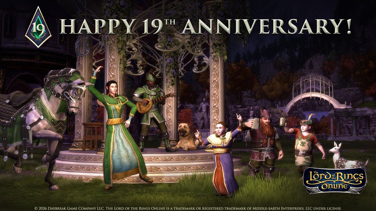 lotro's tweet photo. The 19th Anniversary Sale has arrived!
Now through May 10th get:
35% off Shared Wardrobe Space (excluding #44-46)
40% off Valar Boosts (excluding the Level 150 Valar)
50% off all Carry-alls! #LOTRO https://t.co/9RLj98xy4Z