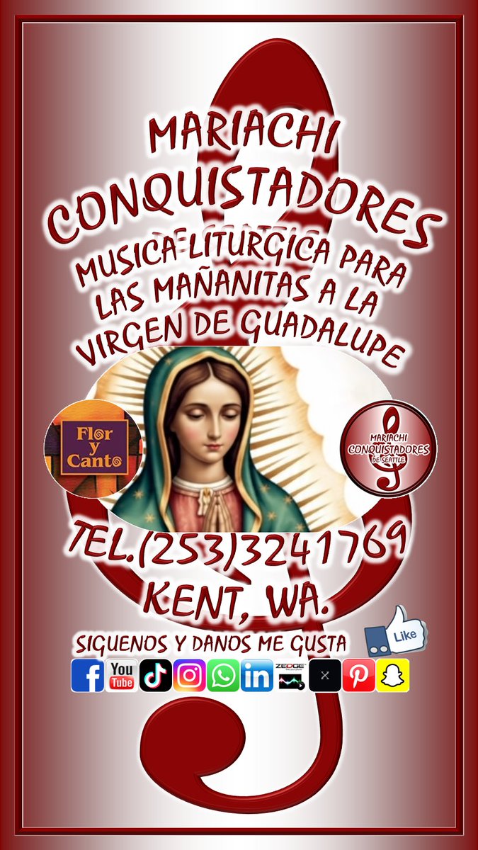 mariachicondsea's tweet image. **Musica Guadalupana Y Litgurgica** Mañanitas a la Virgen de Guadalupe. Mariachi Conquistadores de Seattle Tel.(253) 324-1769 Salvador Morales #mañanitas #musica #mariachi #virgenmaria
