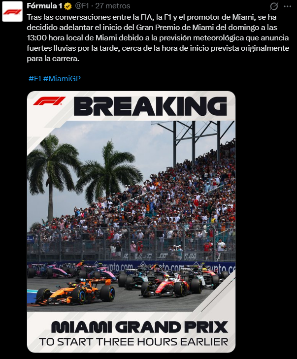 geeksobreruedas's tweet image. ¡CAMBIO DE ÚLTIMA HORA! 🌪️ El GP de Miami se adelanta por tormenta⚡  ¡Importante! El horario de la carrera del GP de Miami se adelanta 3 horas por la amenaza de tormenta. Ajusta tu alarma y nos vemos más temprano.  #f1 #gpmiami #ferrari #alpine #cadillac