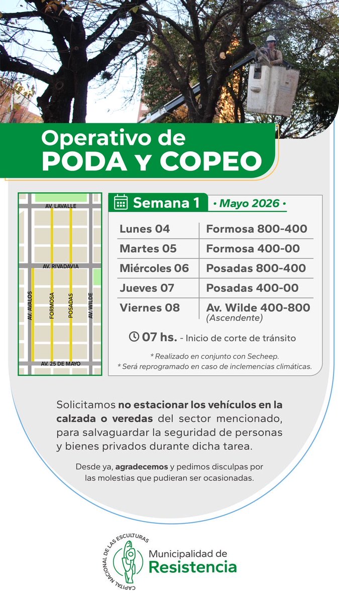 traficodenotias's tweet image. 🌳✂️ Operativo de poda y copeo – Semana 1 de mayo

📍Del 4 al 8 de mayo desde las 07 hs habrá cortes de tránsito por trabajos en Formosa, Posadas y Av. Wilde, junto a Secheep.

⚠️ Se solicita no estacionar en la zona para garantizar seguridad.

#Poda #Copeo #Resistencia #Tránsito