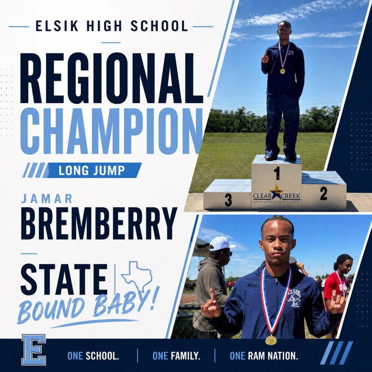 ElsikHighSchool's tweet image. Jamar Bremberry is your Regional Champion in Long Jump! 🥇 He’s headed to STATE! 💙 Your hard work and dedication make Ram Nation proud. Keep soaring and representing Elsik the right way! #RamNation #LeadTheWay