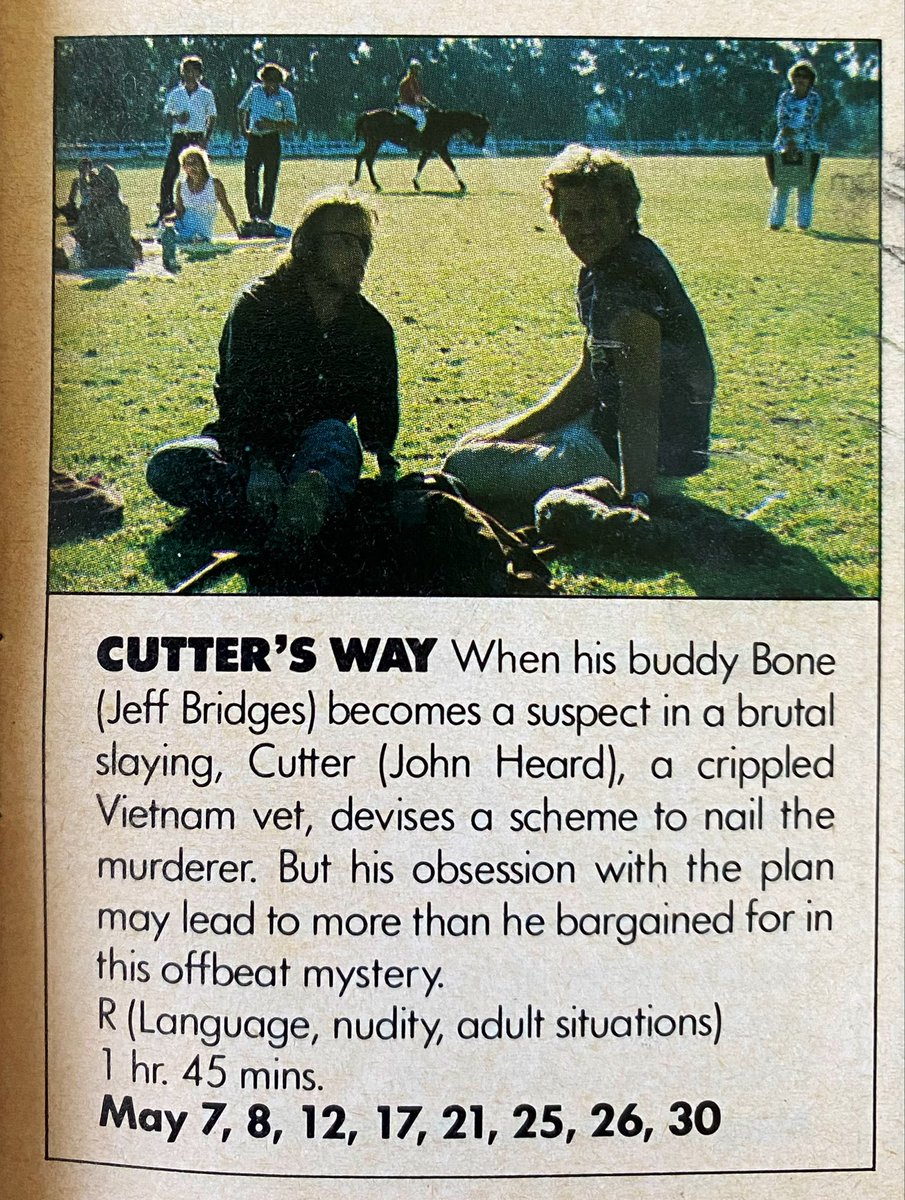 ClassicHBOGuide's tweet image. The Movie Channel May 1982 - the neo-noir CUTTER’S WAY aka Cutter and Bone - guide ad, stills, original @Newsweek and @washingtonpost review, newspaper ad with the original title #1980s #cinema #noir #filmnoir