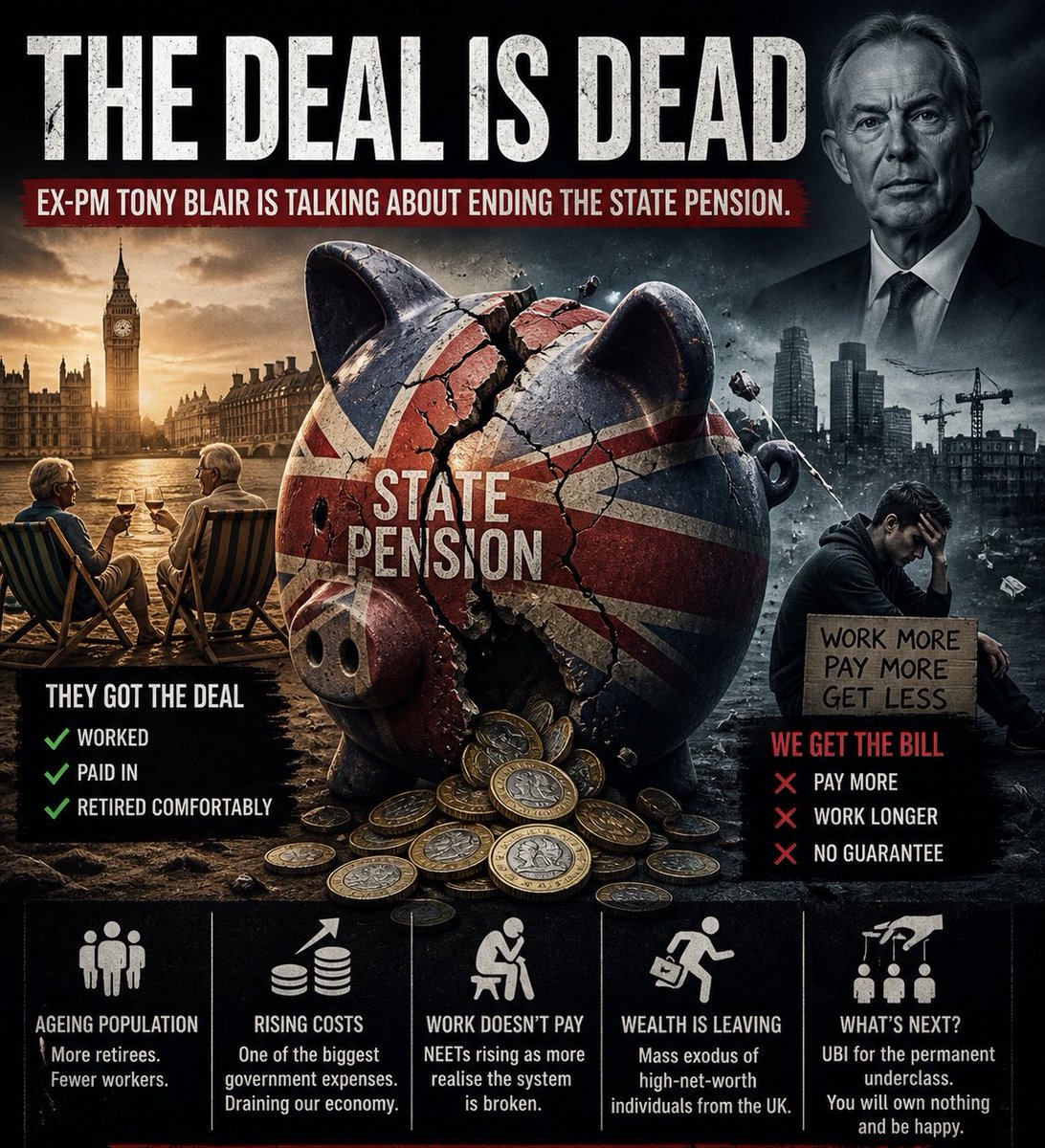 adamemedia1's tweet image. THE DEAL IS DEAD 🇬🇧 

Ex-PM Tony Blair is talking about ENDING the state pension. 

This is no longer a conspiracy. 

The want to remove one of the few things people still rely on.

And once that’s gone…

You’re on your own.  

This is the breaking of a fundamental social