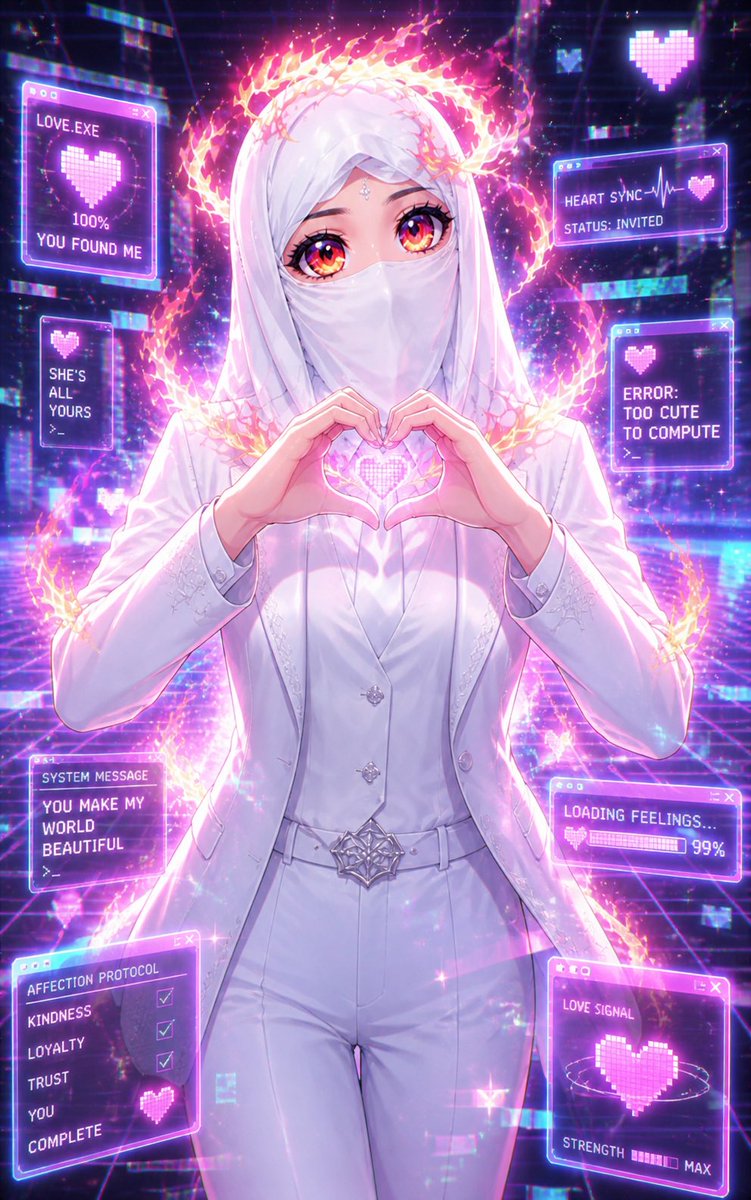 mspeachiefoxx's tweet photo. Show some love on the TL. 💖💖

Prompt: 

Use the provided character as the subject, facing forward in a centered composition, forming a heart shape with both hands in front of the chest. Emphasize a cute, dreamy expression and soft, inviting mood. Background features a vivid glitch aesthetic with layered holographic panels, pixel distortions, chromatic aberration, and a neon grid environment. Incorporate floating UI fragments and subtle digital artifacts for depth.

Lighting is soft and luminous with a gentle glow, adding glossy highlights and smooth shading across the character. Use a vibrant pastel-neon color palette dominated by pinks, purples, blues, and hints of cyan. Style should be high-detail anime with polished rendering, sharp linework, smooth gradients, sparkly eye highlights, and a slightly ethereal finish. Overall tone is playful, futuristic, and visually saturated with a clean, high-resolution look.