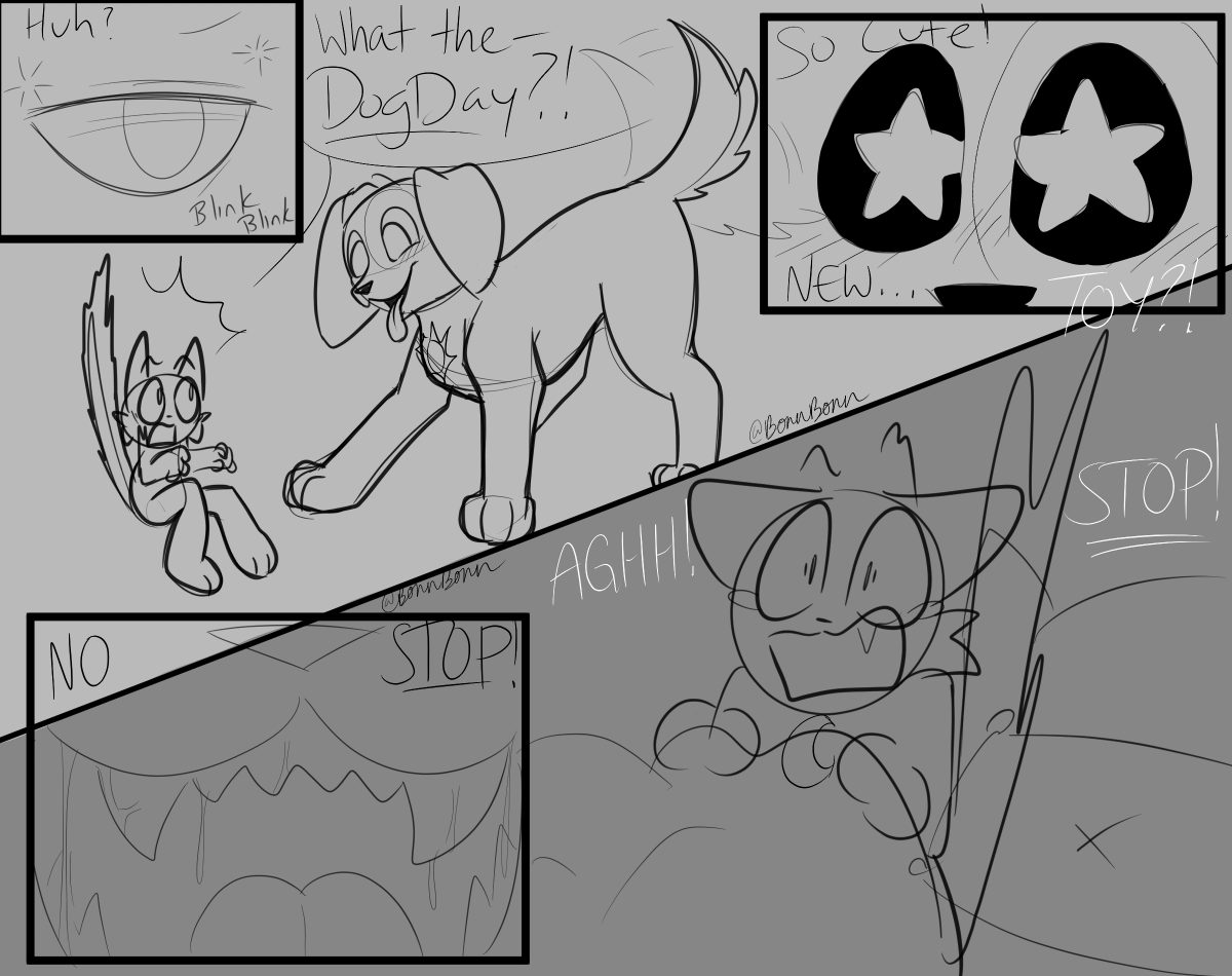 absolutebonn's tweet image. Comics are hard... 😭 Here's a Dirty draft (WIP) || "I'M NOT YOUR FLUFFIN CHEW TOY!!!" - Catnap || #smilingcritters #smilingcrittersfanart #catnap #comic