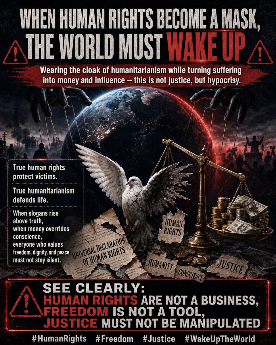 olino0319's tweet image. When human rights become a mask, the world must wake up.

True human rights protect victims.  
True humanitarianism defends life.  
Freedom is not a tool.  
Justice must never be controlled by money.

#HumanRights #Freedom #Justice