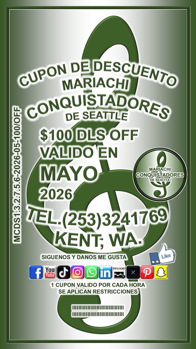 mariachicondsea's tweet image. ***Cupón. Imprímalo o solo descárguelo en su teléfono*** Y en su próximo contrato muestrelo para pedir su descuento de $100 Dólares. VALIDO SOLO EN MAYO Mariachi Conquistadores de Seattle Tel.(253) 324-1769 #mariachi #fiesta #musica #cupon #descuento