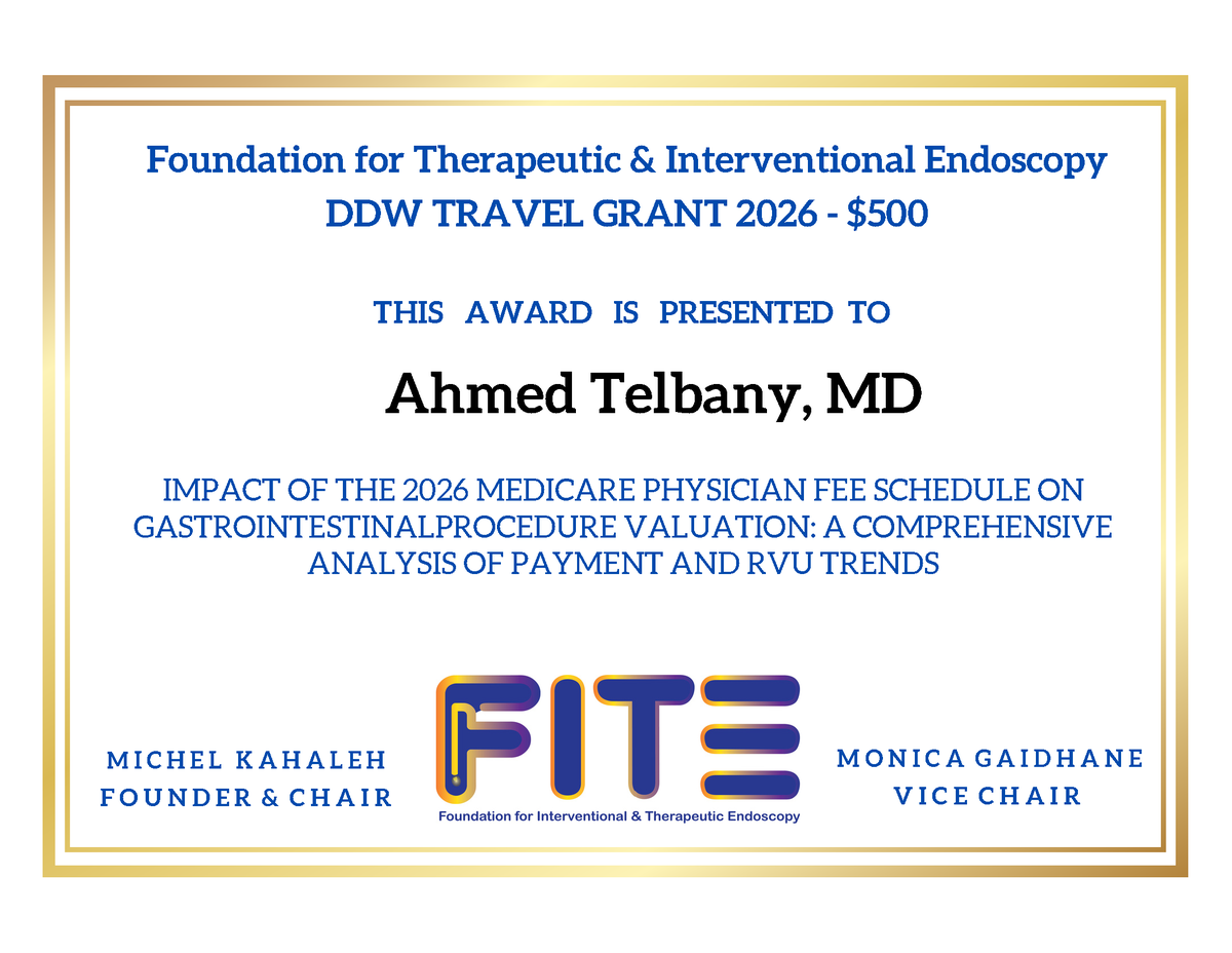 socialmediaend1's tweet photo. 🎉 FEATURING Ahmed Telbany MD, MPH 🏆RECEIPIENT 2026 FITE DDW Travel Grant Award! 🎉
📌 WINING ABSTRACT: Impact of the 2026 Medicare Physician Fee Schedule on Gastrointestinal Procedure Valuation: A Comprehensive Analysis of Payment and RVU Trends
#FITE #TEUSCONSORTIUM #IDHER https://t.co/c1ET1w8XW4