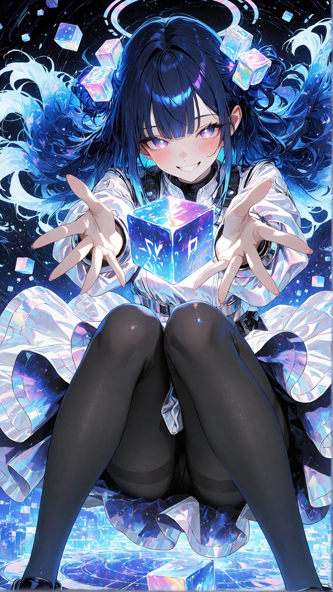 No.677｜光るキューブを差し出す青髪の少女
虹色の反射と青いエネルギーが、電脳の夜を広げる一枚