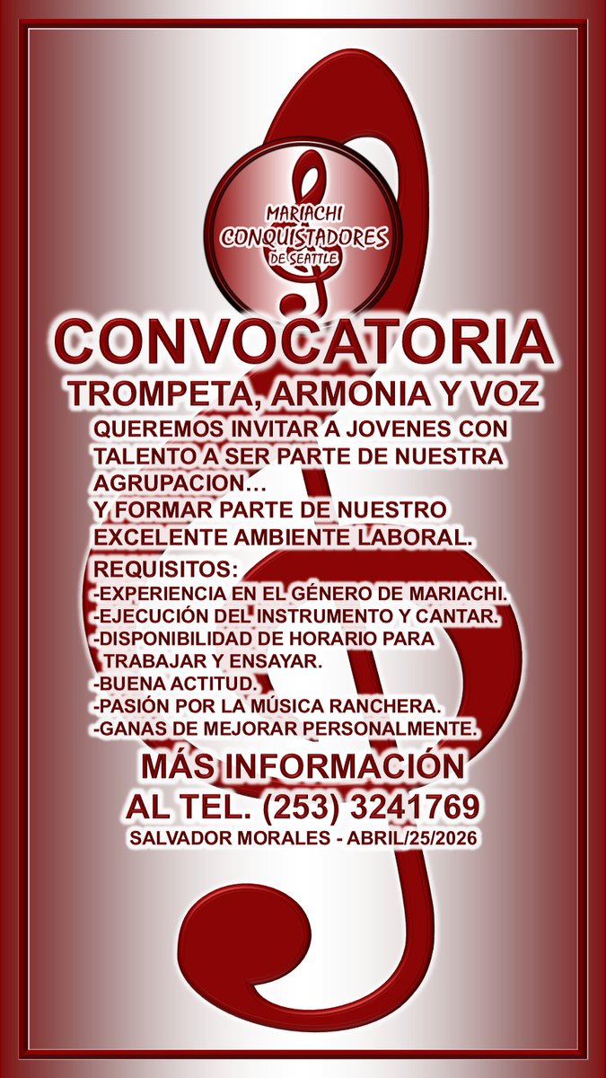 mariachicondsea's tweet image. ***ABRIL/25/2026*** CONVOCATORIA. Estamos convocando nuevos talentos, esta puede ser tu oportunidad. Llámenos para una entrevista, Kent, WA. Tel.(253) 324-1769 Salvador Morales #oportunidad #talentos #musica #entrevista #CONVOCATORIA