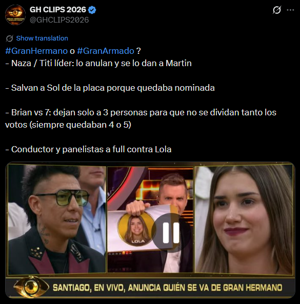 GHCLIPS2026's tweet image. Antes que Lola fuera eliminada se dedicaron en cada programa a hacerla m1erda y proteger a Brian por dar "show". Esto no fue un caso aislado de los analistas de hoy.
Ojalá que, tome la decisión que tome, Lola lo piense en frío y no por la calentura del momento.
#GranHermano #GH