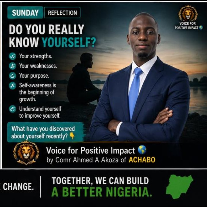 Akoza001's tweet image. Topic: Self Awareness

Do you really know yourself?

Your strengths. Your weaknesses. Your purpose.

Self-awareness is the beginning of growth.

Understand yourself to improve yourself.

VOICE FOR POSITIVE IMPACT 🌍by Comr Ahmed A Akoza of ACHABO
 #Nigeria
#Leadership
#YouthVoice