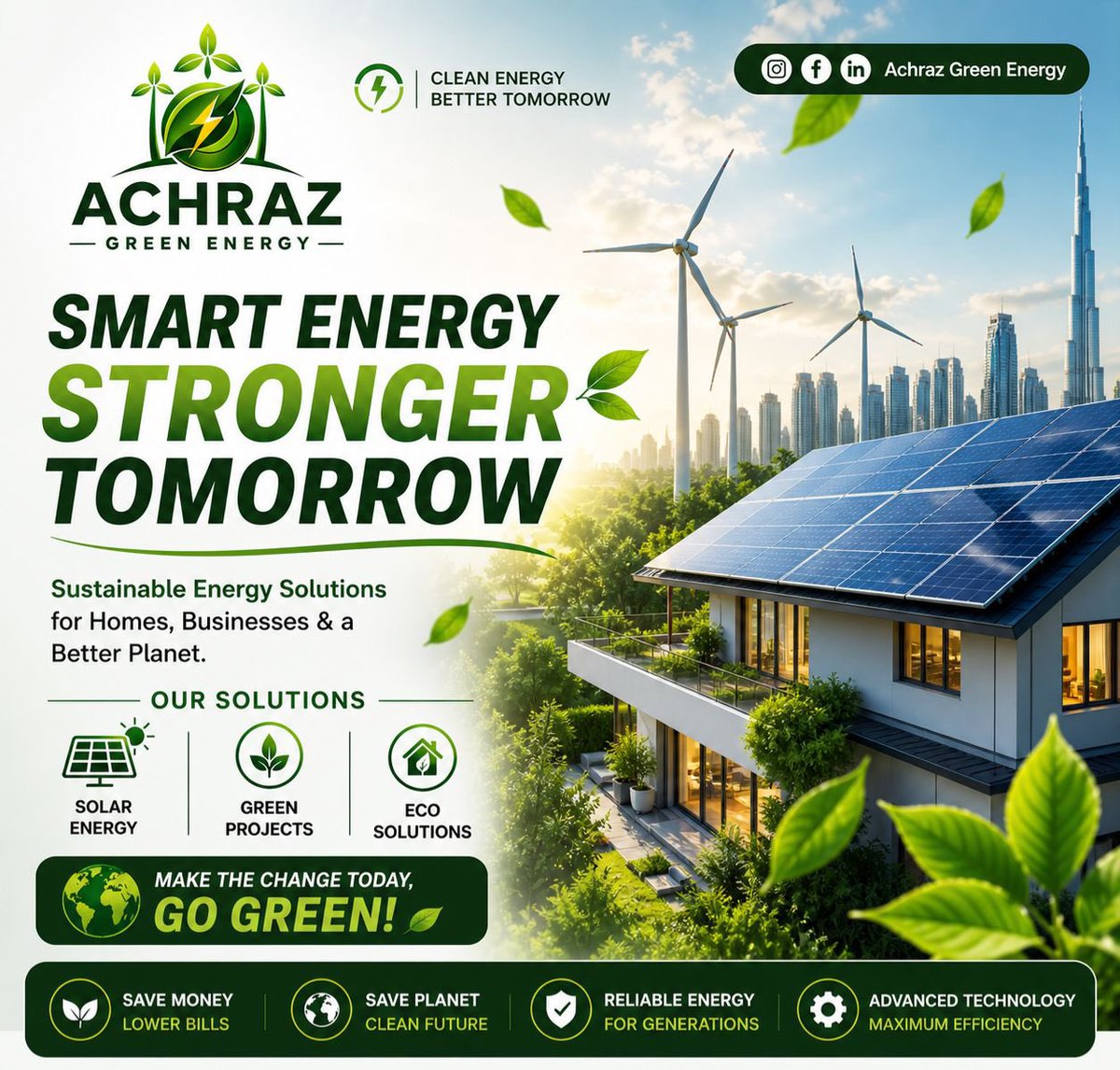 achrazgreenergy's tweet image. Smart energy, smart life ⚡🌱

Achraz Green Energy ke sath apne ghar aur business ko future-ready banaye.
Clean energy solutions jo aapko de lower bills + better lifestyle 💡

Aaj ka decision, kal ka strong future 🌍

#SmartEnergy #SolarPower #GoGreen #EcoFriendly #CleanEnergy