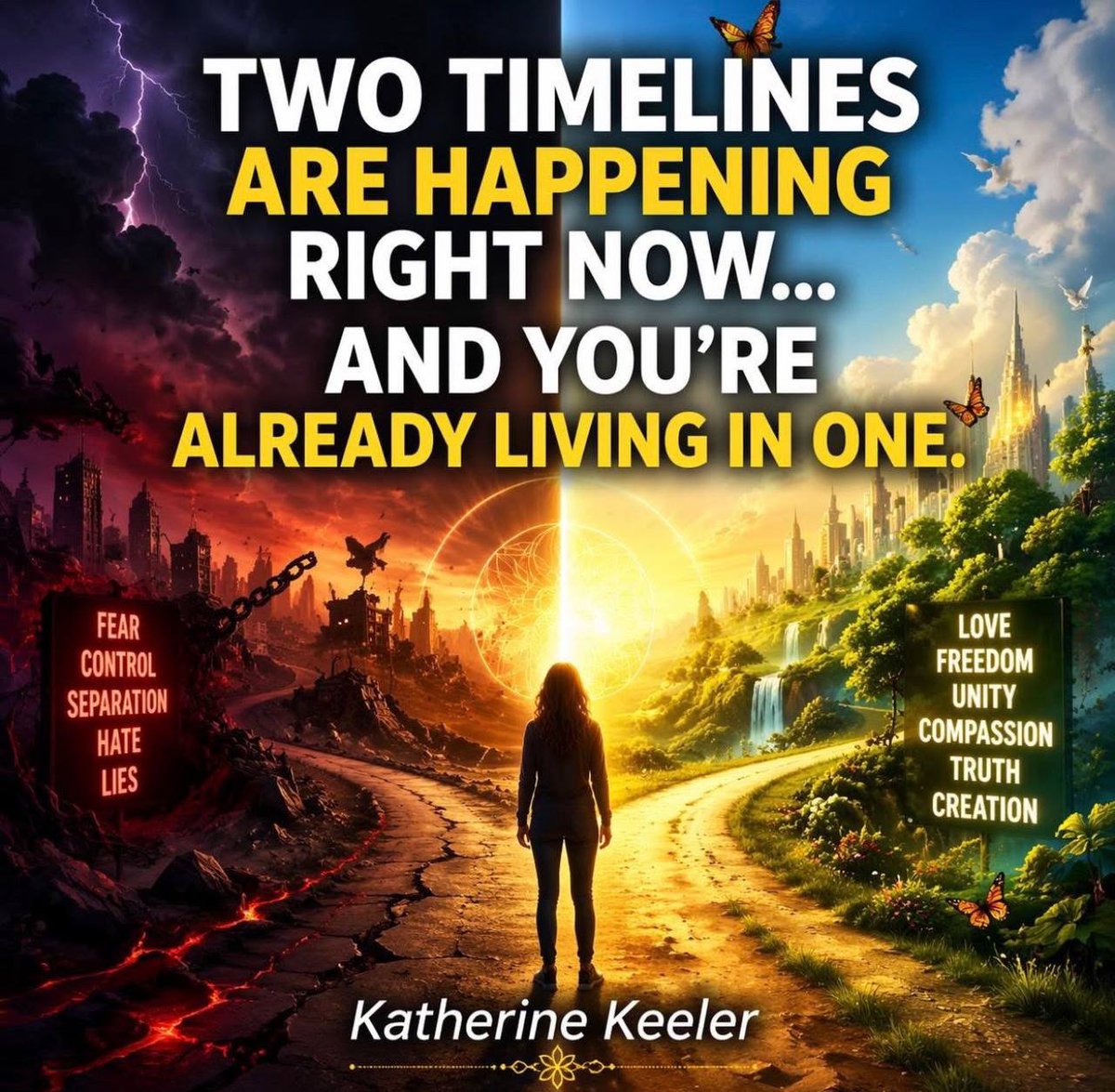 PaulGoldEagle's tweet photo. TWO TIMELINES. ONE CHOICE.

Something is happening.

You can feel it… even if you can’t fully explain it yet.

Time feels different.
Moments repeat.
Memories don’t quite line up.
You notice synchronicities—numbers, symbols, patterns—like the universe is whispering directly to you.

Some call it the Mandela Effect.
Some call it awakening.

But what if it’s something deeper?

What if…
we are no longer on one timeline?

Right now, humanity is standing at a split.

Two realities are unfolding at the same time.

Timeline One: Fear.
This is the path of Apocalypse—but not in the way we were taught.

Not fire and brimstone…
but psychological collapse.

A world driven by:

* Fear
* Control
* Division
* Manipulation
* Scarcity

In this reality, everything feels heavy.
You’re told to be afraid.
To distrust.
To separate.
To give your power away.

Here, people consume chaos daily—
and call it truth.

This timeline feeds on low frequency.
And the more you believe it…
the more real it becomes.

Timeline Two: Creation.

This is what many are calling Heaven on Earth.

Not a place you go…
but a reality you choose.

A world built on:

* Love
* Unity
* Compassion
* Awareness
* Creation

In this timeline, you begin to see clearly.

You question everything.
You trust your intuition.
You feel connected—to people, to nature, to something greater.

You don’t wait for the world to change…

You become the one who changes it.

And here’s the truth most people aren’t ready to hear:

Both timelines are real.

They are playing out simultaneously.
Side by side.
Overlaying each other.

But you don’t experience both.

You experience the one you align with.

What frequency are you emitting? 
What station are you tuning in to?

That’s why some people feel like the world is falling apart…
while others feel like something beautiful is being born.

Same planet.
Same moment in time.

Completely different realities.

Perspective is everything...

The signs are everywhere now.

* Synchronicities increasing
* Time feeling distorted
* Old systems breaking down
* Truth rising to the surface
* People “waking up” rapidly

This isn’t random.

This is a shift in consciousness.

So the question isn’t:

“What is happening to the world?”

The real question is:

Which world are you choosing to live in?

Will you anchor into fear…
or rise into creation?

Will you divide…
or unite?

Will you consume the narrative…
or create your own?

Because the truth is…

You are not just witnessing this shift.

You are part of it.

Your thoughts.
Your energy.
Your beliefs.

They are not passive.

They are building the reality you experience.

So choose intentionally.

Choose with awareness.

Choose the life you actually want to live.

Because one timeline leads to collapse…

And the other?

It leads to a world we were always meant to remember.

The veil isn’t just lifting…

It’s asking you to decide.

~ Katherine Keeler