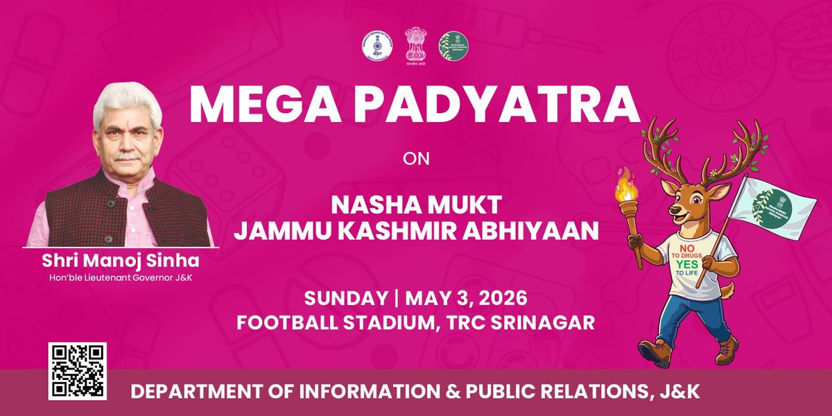 ddprsrinagar's tweet photo. 🚶‍♂️ Mega PadYatra for a Drug-Free J&amp;K 🚶‍♀️
Watch the live proceedings and be part of this united movement against drug abuse. 🌿
🔗 Tune in live here: https://t.co/HCctBmOewG…
Together, let’s stand strong for a healthier, drug-free future
#NashaMuktJK #DrugFreeFuture #SayNoToDrugs https://t.co/KIeHreQUem