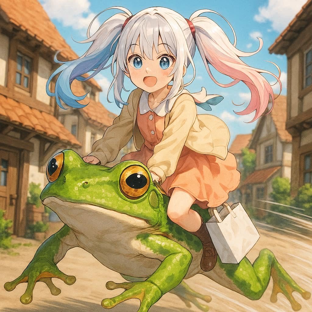 kerokero1023's tweet image. ただいまぁ😊🐸✨
ベルクで食材とY1000と食パンと新宿中村屋のどら焼買ってきたぁ！
#GPT4 #AIイラスト