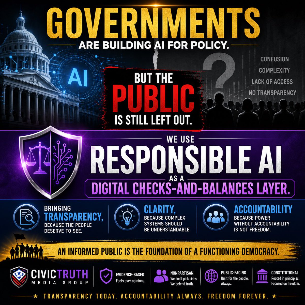 matpatriotparty's tweet image. Around the world, governments are investing in AI to improve policymaking.

The missing piece is public-facing clarity.

Responsible AI should empower citizens—not just systems.

#AI
#PublicPolicy
#Transparency
#CivicTech
#WeThePeople