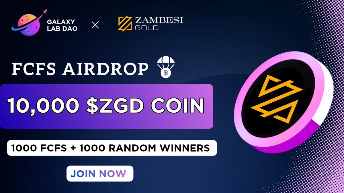 Galaxylabss's tweet image. 🥳 Zambesi Gold x Galaxy Lab FCFS #Airdrop 

🏆Prize Pool:- 10,000 $ZGD Token 
🏃First 1000 + 🧑‍🤝‍🧑 Random 1000 USERS! 

To Enter:-
✅ Follow @ZGDGold
✅ RT &amp;amp; Tag 3 Friends
✅ Complete Form ⤵️
forms.gle/rPYARAGAAjVrno…

⏰ Distribution after event end
#Giveaway #FCFS #BNB