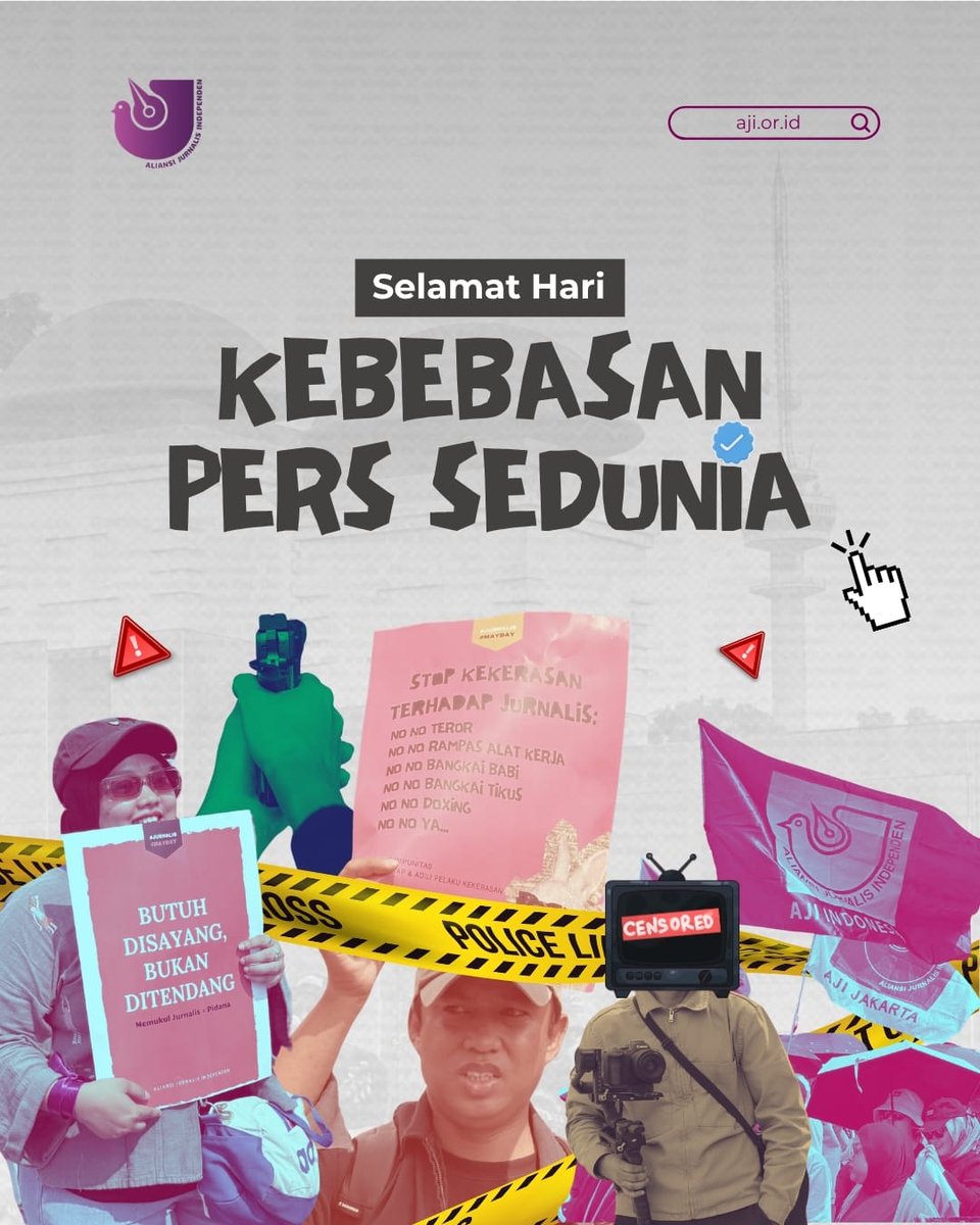 AJIIndonesia's tweet photo. RILIS: Hentikan Praktik Sensor &amp; Swasensor pada Jurnalis dan Media

Pada momentum Hari Kebebasan Pers Sedunia 2026 yg diperingati setiap 3 Mei, AJI Indonesia menegaskan kebebasan pers bkn sekadar slogan tahunan, melainkan fondasi utama demokrasi yg sehat, transparan &amp; akuntabel. https://t.co/22ZlwQ5YB8