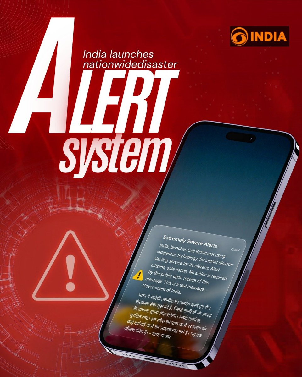 DDIndialive's tweet image. India has launched a new mobile-based disaster communication system to ensure faster delivery of emergency alerts. 

Test messages have been sent across major cities as part of the nationwide launch exercise.

#NDMA #DisasterAlert #IndiaNews #EmergencyAlert #DisasterManagement