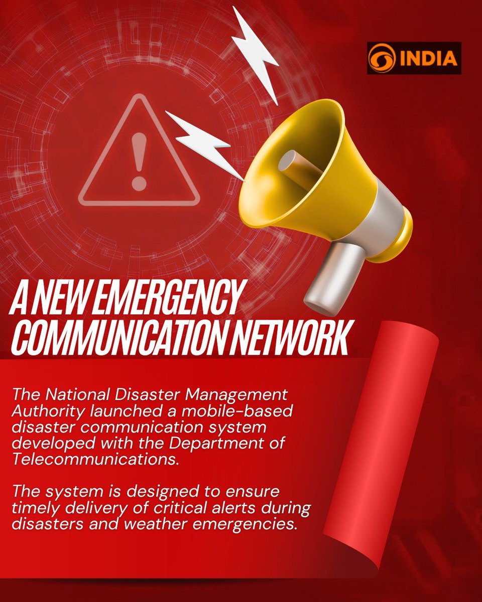 DDIndialive's tweet image. India has launched a new mobile-based disaster communication system to ensure faster delivery of emergency alerts. 

Test messages have been sent across major cities as part of the nationwide launch exercise.

#NDMA #DisasterAlert #IndiaNews #EmergencyAlert #DisasterManagement