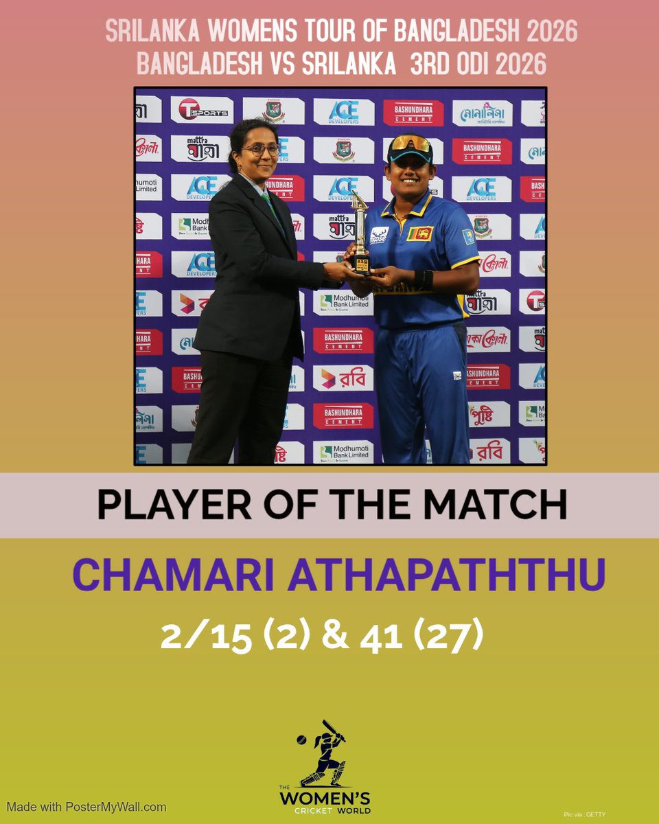 Thewomencricke1's tweet photo. Chamari Athapaththu takes the 'Player of the Match' title with a clinical 41 off 27 and a crucial 2-wicket haul! 🇱🇰🏏

#cricketTwitter I #BANvSL https://t.co/h5RgSmYNts