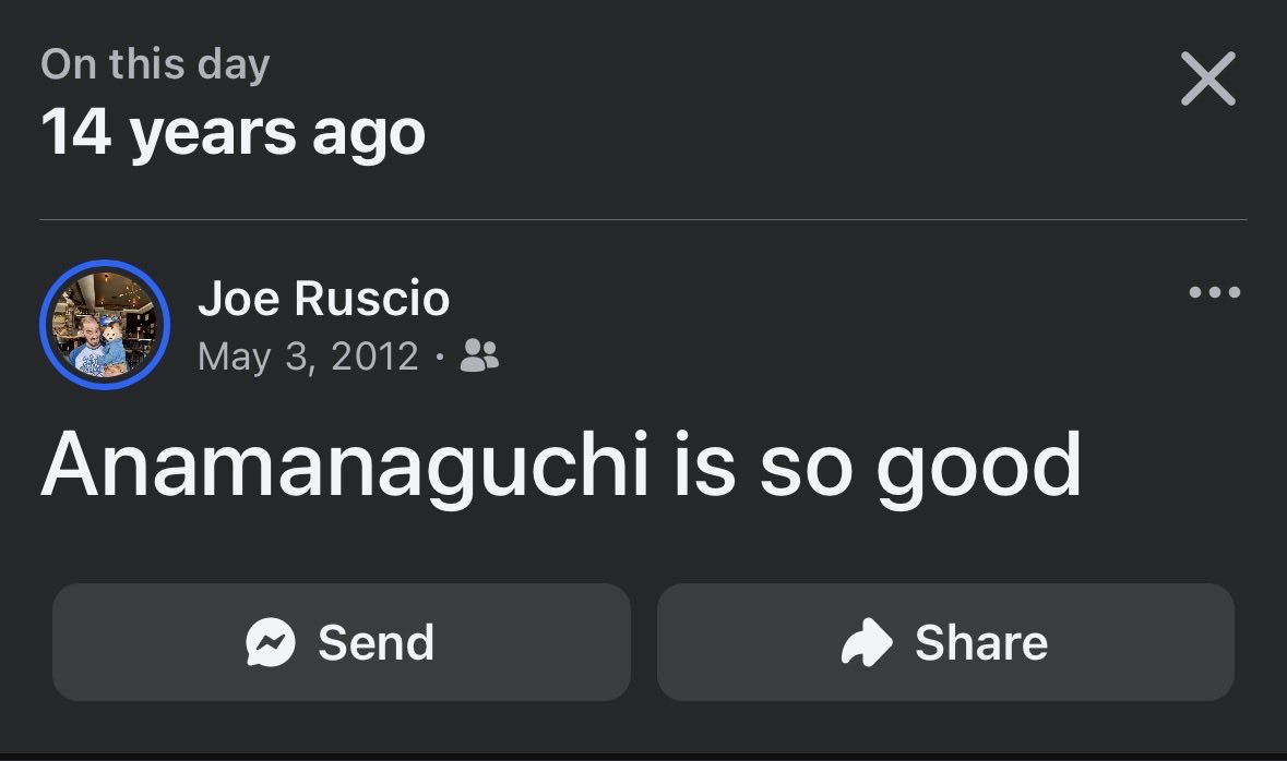 JoeRuscio's tweet photo. @Anamanaguchi still is https://t.co/3o2FlC1gfN