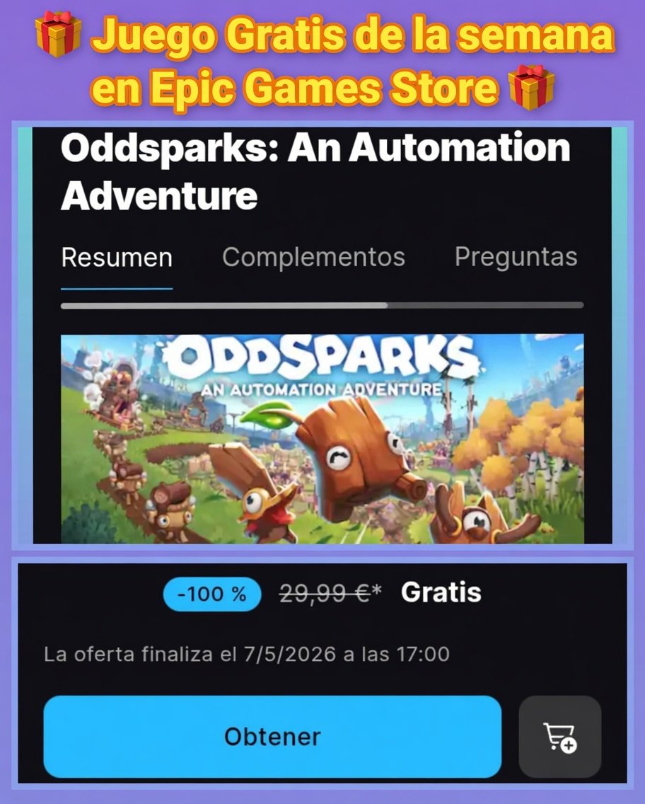 JUEGOSYDISFRUTE's tweet image. ¿ Quieres el regalo🎁de Epic Games Store ?

 ✅ En este enlace store.epicgames.com/es-ES/p/oddspa…

Consigue GRATIS el juego 
" Oddsparks: An Automation Adventure "🤩🤩🤩🤩 si lo añades a tu cuenta de Epic antes del 7/5/2026 a las 17:00

@EpicGames #EpicGames #pcgaming #gratis #FelizDomingo