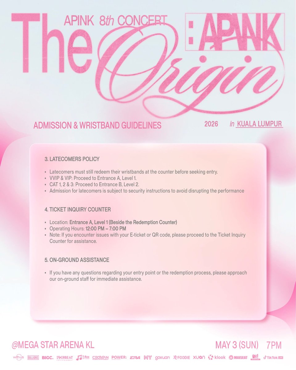 kverseMY's tweet photo. IT’S FINALLY CONCERT DAY 💗🎶
If you’re attending Apink today, make sure to check the concert guidelines before heading to the venue 👀
Read carefully, stay safe & enjoy the show, Pink Pandas 🫶✨
#에이핑크 #Apink #TheOrigin_APINK #APINKINKL #MAISEAT #Klook #Everbeat #TrexStudio #KVerseMY
