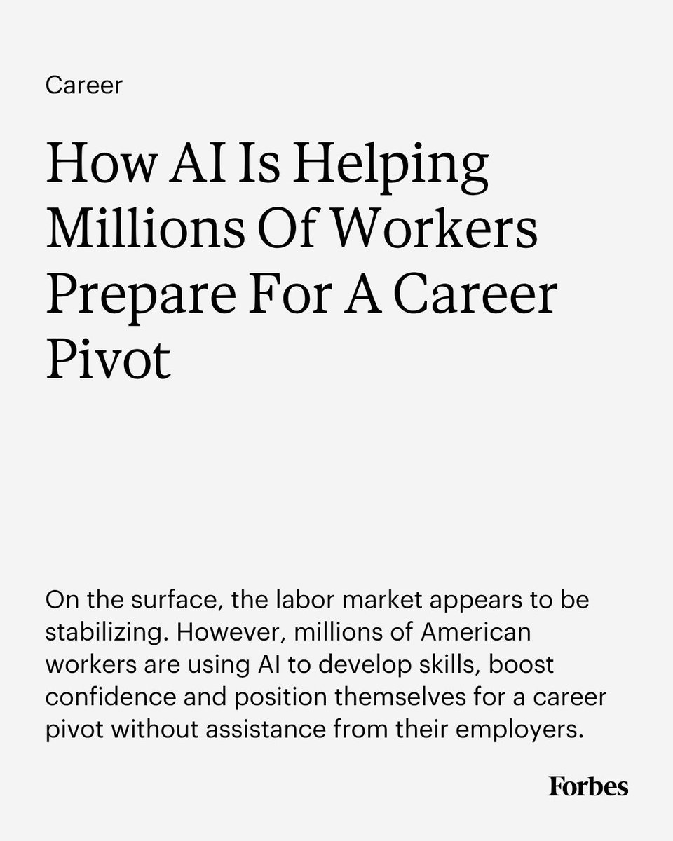 Forbes's tweet photo. According to the University of Phoenix Career Institute’s 2026 Career Optimism Index, 50% of people say AI makes them more confident about pivoting to a new role. Nearly half of employers already worry they cannot retain AI-fluent talent, and that risk is only growing.

Read more: https://t.co/2BLEFvquqj