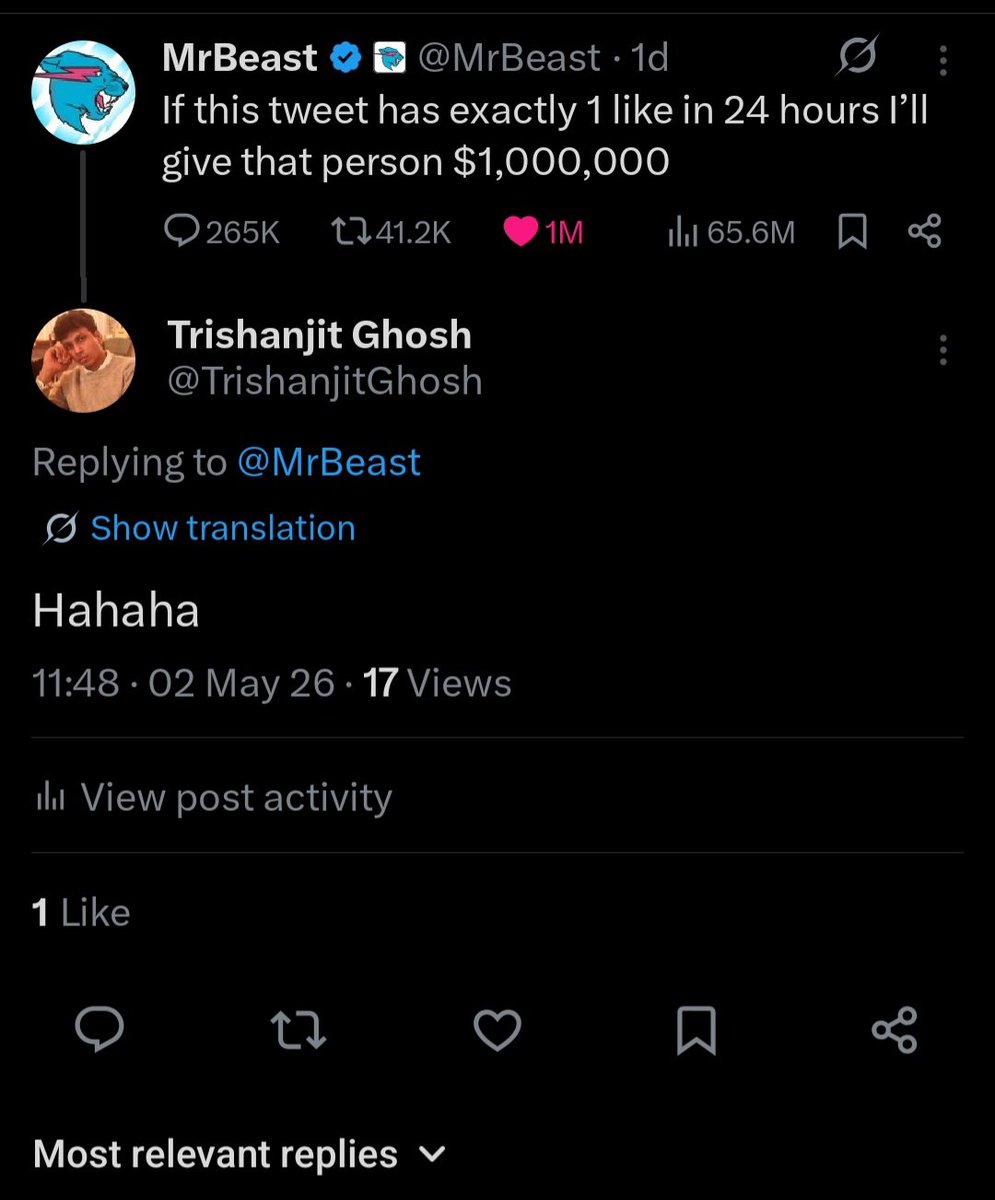 TrishanjitGhosh's tweet photo. @MrBeast need my 1M dollar haha https://t.co/gmUgAlmvNY
