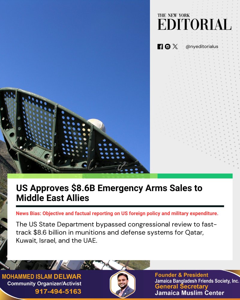 nyeditorialus's tweet image. The US fast-tracks $8.6B in arms sales to Qatar, Kuwait, Israel, and the UAE, citing emergency security needs and regional tensions. The deal replenishes vital air defense and missile systems.

Read more on our Website.

#MiddleEast #USForeignPolicy #DefenseNews