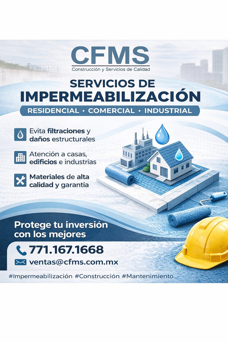 CFMSoficial's tweet photo. 🔷 Protege tu inversión con expertos en impermeabilización 

En CFMS – Construcción y Servicios de Calidad, ofrecemos soluciones profesionales de impermeabilización residencial, comercial e industrial, adaptadas a cada tipo de proyecto. https://t.co/ardVKGywnX