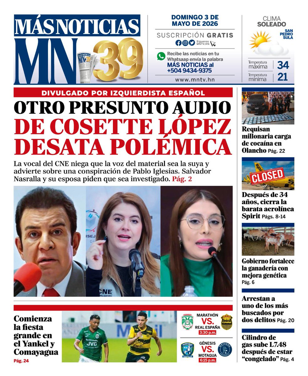 masntvhn's tweet image. ¡Infórmate! 📰 Queridos lectores🔴les compartimos la #Portada de la edición de hoy #Domingo 3 de #Abril ⛅️de nuestro #Diario🗞️ 
¡Únete a nuestra comunidad informativa! 📱 mntv.hn