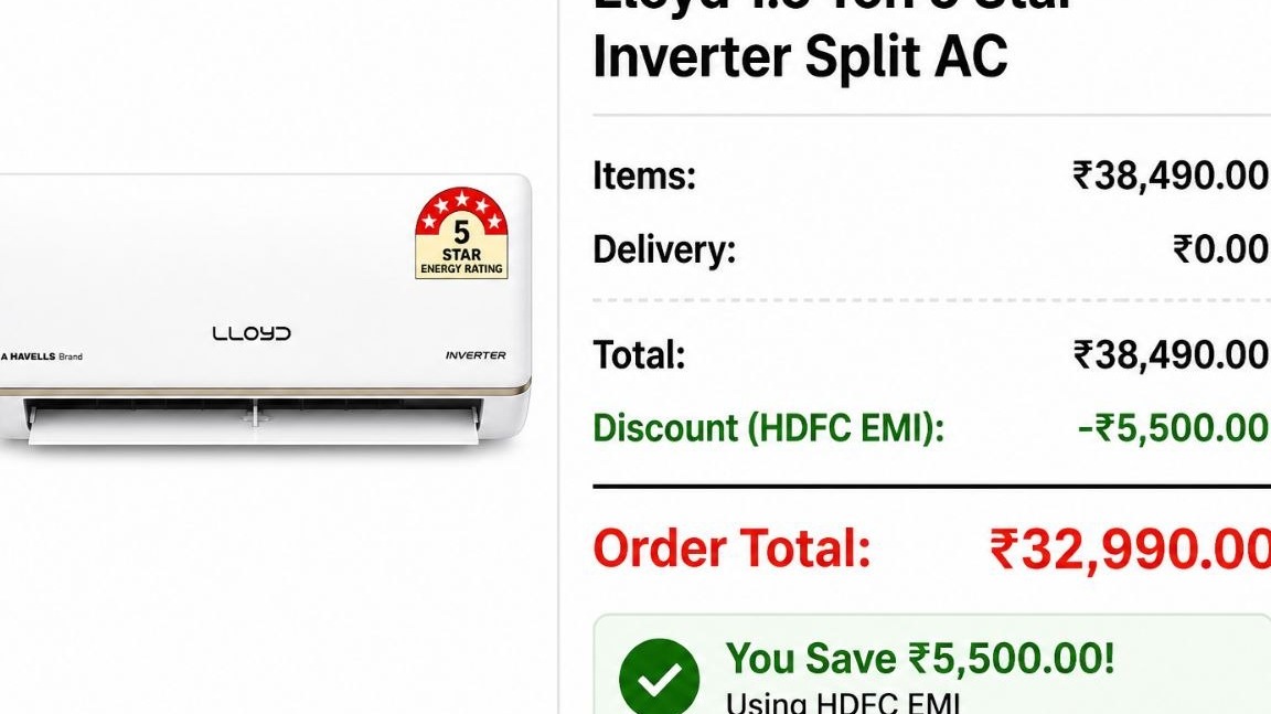 khatarnakofferz's tweet photo. Lloyd 1.5 Ton 5 Star Inverter Split AC At 32990

5500 Off Using HDFC EMI Transaction