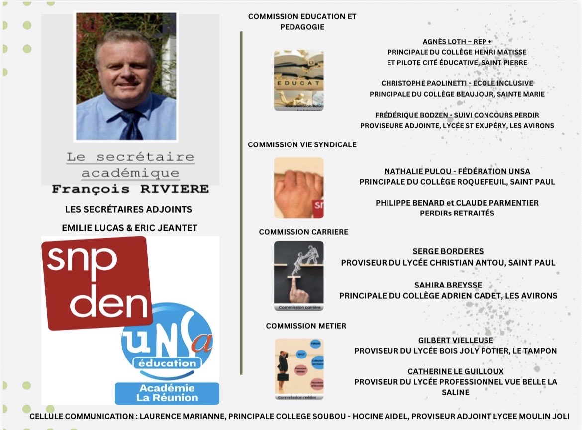 snpden974's tweet photo. Bonjour,

Vous trouverez l’organigramme de la section académique du SNPDEN-UNSA DE LA RÉUNION.

Les membres du bureau restent disponibles pour toutes demandes,

#lareunion @AcLaReunion #perdir #education https://t.co/c81aK4Abxt