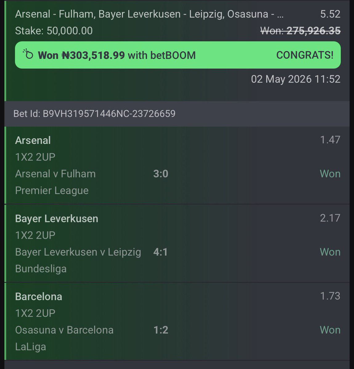 Firepunts's tweet photo. BOOOMMM💥💥💥

5 &amp; 2 odds WON ON 🙏🏾@Bet9jaOfficial 

400k WON 🏆 

Congratulations if you played✅✅ ✅

Drop winning slips!!!!!

Telegram channel :https://t.co/nYTMUWN6U9

#Bet9jaCode

@Mrbankstips https://t.co/NpzOcf3Wpo
