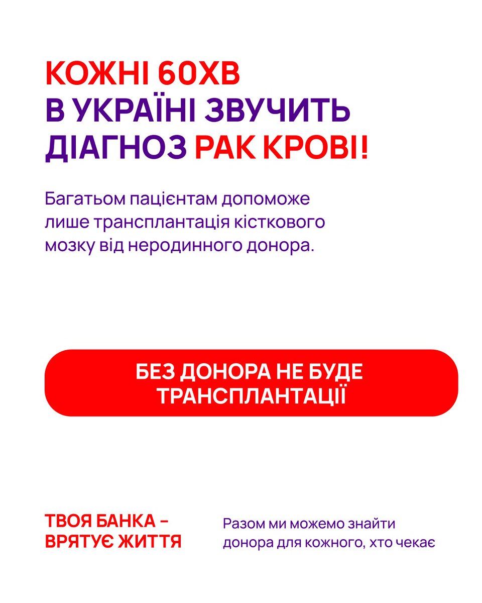 ubmdr's tweet photo. Щогодини в Україні хтось чує діагноз: “у вас рак крові” 😓
Це – діти, дорослі, чиїсь мами, брати, кохані.

Шанс на порятунок для багатьох з них лише один — трансплантація кісткового мозку. 

Але щоб донор з’явився – ми маємо його знайти 🔍Щоб знайти – провести аналіз ДНК. 

Щоб провести аналіз для одного потенційного донора – зібрати 1800 грн.

❗️Без донора – трансплантації не буде.
❗️З донором – з’являється шанс на одужання.

Саме тому ми відкриваємо великий збір «ЗАБАНИМО РАК КРОВІ» (посилання на збір в шапці профілю) 🙏

Наша мета – зібрати кошти на 300 аналізів ДНК, щоб внести до реєстру ще

❤️ +300 потенційних донорів кісткового мозку.

Це 300 шансів на життя.
Це 300 можливостей для пацієнтів з раком крові знайти свого генетичного близнюка.
Це наш шлях до 100 000 потенційних донорів кісткового мозку в українському реєстрі до 2030 року. 

Посилання на збір https://t.co/6d3xbOdiHD

❗️Ти можеш допомогти просто зараз:

1. Відкрий свою допоміжну банку на +1/5/10 реєстрацій потенційних донорів.
2. Відмічай друзів та передавай челендж далі.
3. Напиши чому ти це робиш, бо ця історія вже твоя.
4. Долучайся до інформаційної хвилі, бо кожен репост, кожен донат, кожна гривня важлива!

Разом ми ЗАБАНИМО рак крові!

#ЗабанимоРакКрові