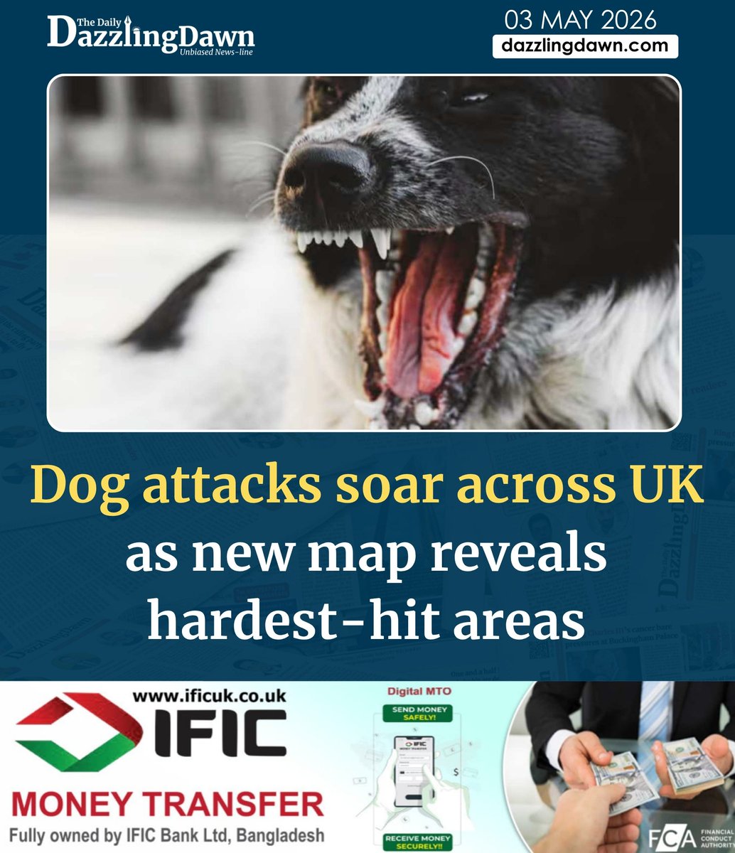 TheDazzlingDawn's tweet image. Dog attacks soar across UK as new map reveals hardest-hit areas
Read more: dazzlingdawn.com/2026/5/3/dog-a…

#dogattacks #uknews #devoncornwall #publicsafety #dogbite #breakingnews