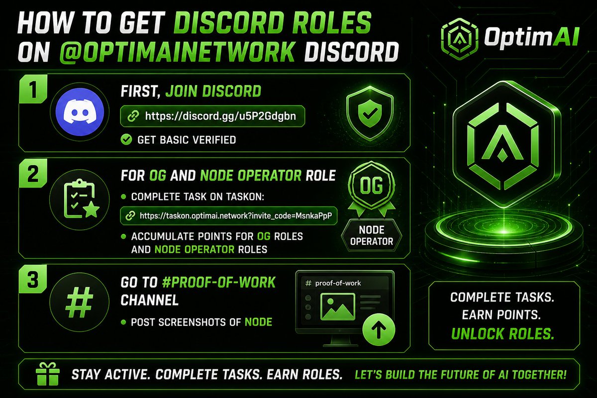 Oxgiddy's tweet photo. How to get Discord Roles on @OptimaiNetwork Discord

> First, Join Discord: https://t.co/TezJchHfh6
- Get basic verifired

> For OG and Node Operator role 
- Complete task on taskon: https://t.co/gqnnGjeoNC
- Accumulate points for OG roles and Node Operetor roles

> got to #proof-of-work channel post screenshots of Node ( i do weekly).