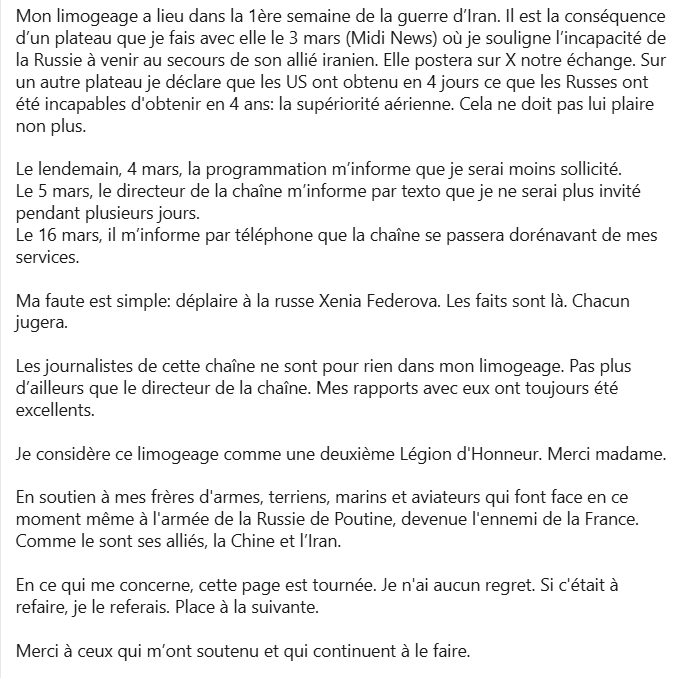 patrick_edery's tweet image. L’information 🇫🇷 sous influences 🇷🇺 🇮🇷 🇨🇳 💰

La tribune du général Bruno Clermont, expliquant les conditions de son éviction de CNEWS, sur ordre🇷🇺devrait faire la Une de tous les journaux. Il y décrit, honneur à lui, comment Xenia Fedorova, ancienne directrice de Russia Today