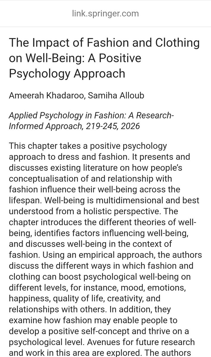 lioragarden's tweet image. How does fashion impact your well-being? 👗✨

This research explores the link between clothing &amp;amp; positive psychology, showing how dress can boost mood, self-concept, and quality of life. It’s about using fashion as a tool to thrive.

#FashionPsychology #WellBeing