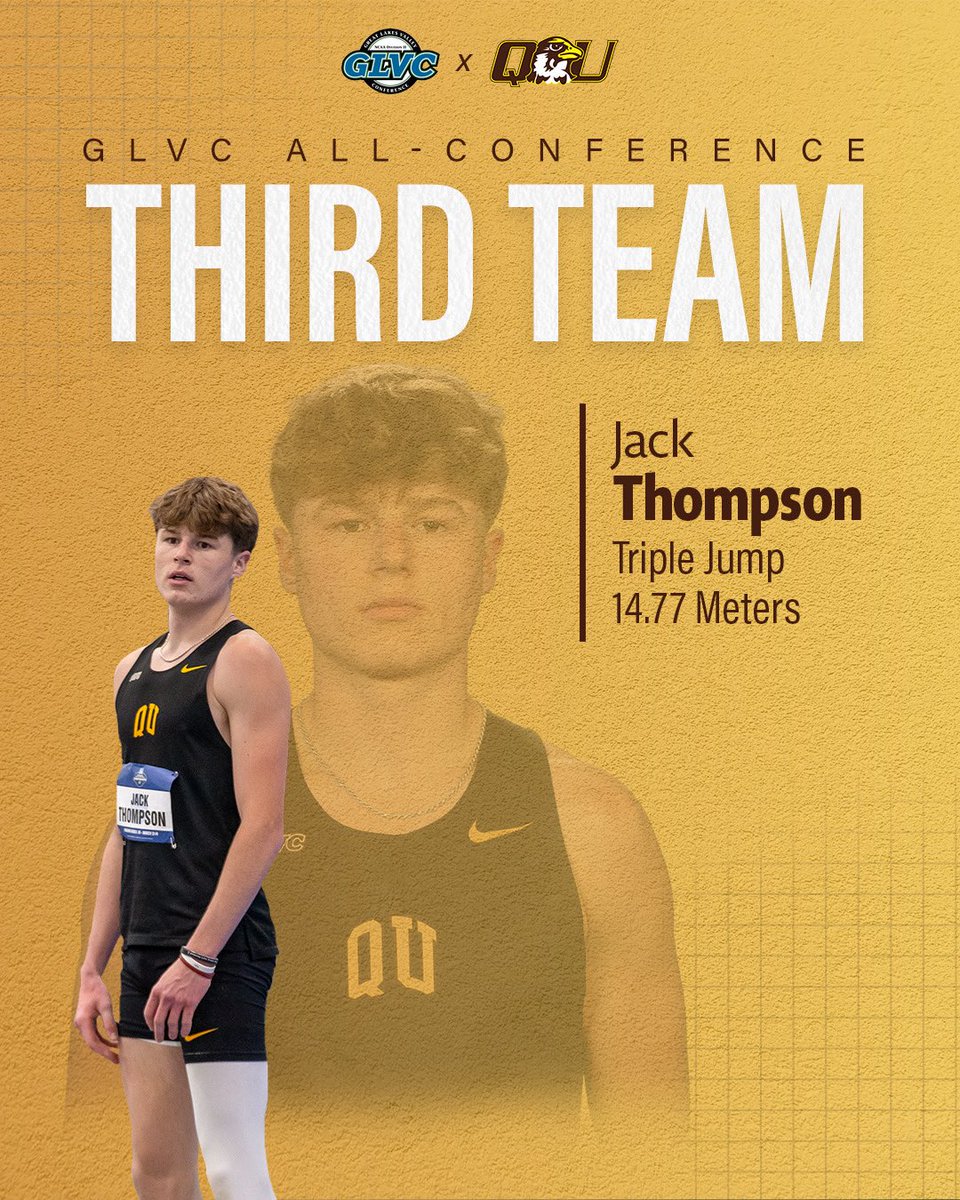 QUHawks's tweet photo. Up on the podium and bringing home hardware 💪🦅

Jack Thompson secures 3rd in the Triple Jump (14.77m) and earns All-GLVC honors for the Hawks.

#HawksSoarHigher https://t.co/ym8HMB4d0H